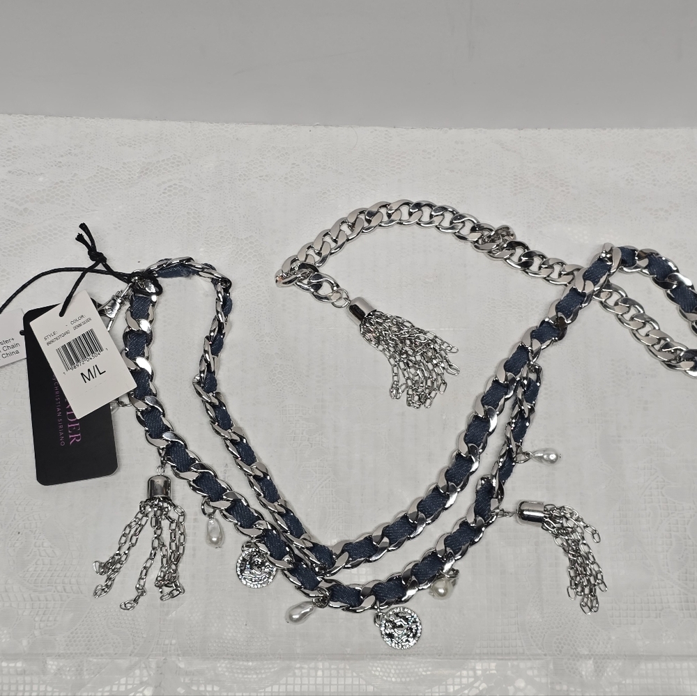 Christian Siriano C Wonder Denim Silver Chain Charms Waist Hips Boho Belt NWT